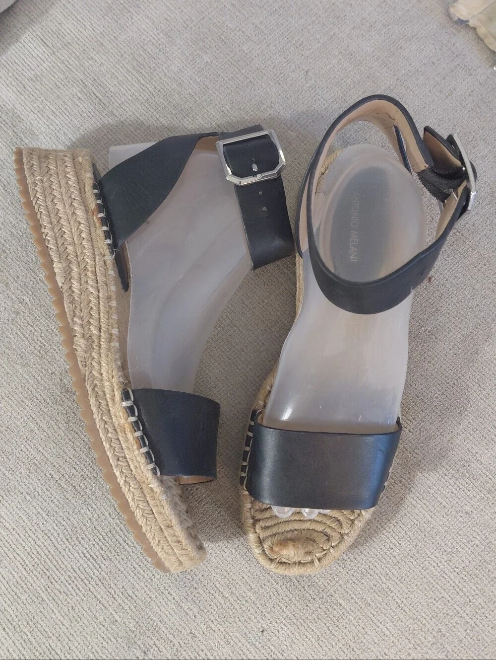 ANTONIO MELANI Black Leather Espadrille Platform Sandals Size 9.5
